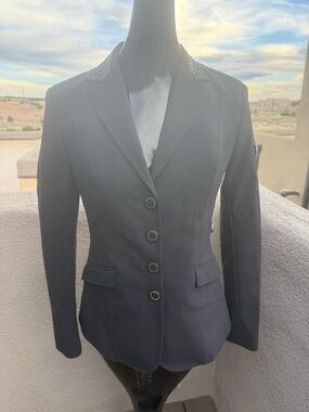 Equiline Italia Show Coat Jacket SZ 6 40 Black Rhinestone Crystal Collar X-Cool